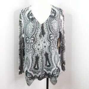 New One World Women's L Gray & White Ornate Knit Chiffon Layer Rhinestone Top